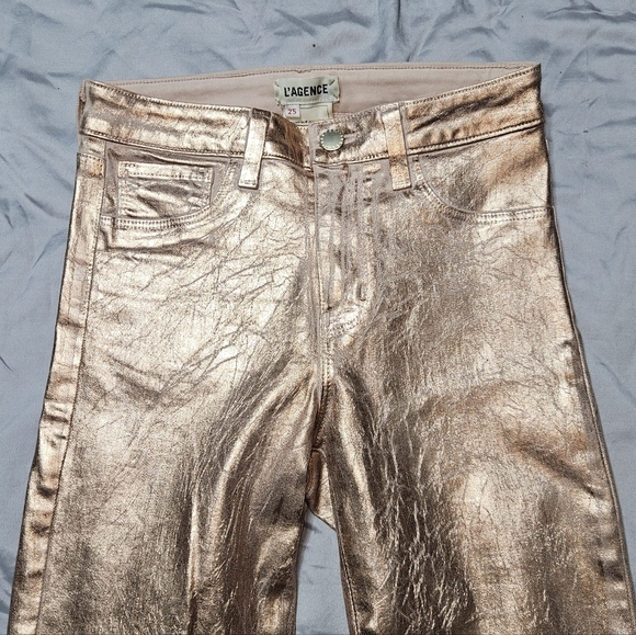 L'AGENCE Margot High-rise Petal Light Rose Gold Foil Ankle Skinny Jeans size 25 - Picture 9 of 11